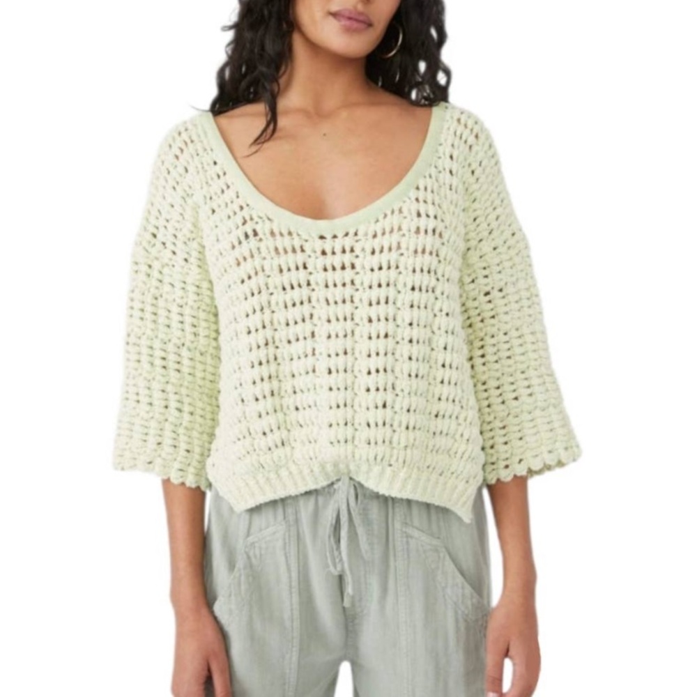 NWT Free People Cozy Pullover Sugared Mint Green XL Crochet Sweater